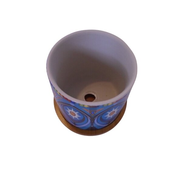 Succulent Pots 3 inch Mandala Boho Blue Ceramic with Bamboo Trays 2 Pcs Set - Picture 4 of 6